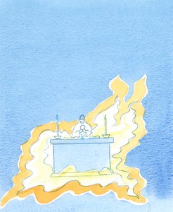 Vlammen wervelen uit de voorkant van het altaar