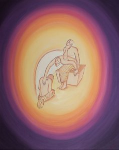 God de Vader, bewust van de verschrikkelijke kosten van de Incarnatie, reikt uit, door Zijn Heilige Geest, naar Zijn Geliefde Zoon, die bereidwillig toestemt om naar de aarde te komen voor onze redding door Elizabeth Wang