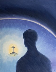 God de Vader kijkt in liefde en bewondering neer terwijl Christus vrijwillig leed om Zijn plan te vervullen om zondaars te redden