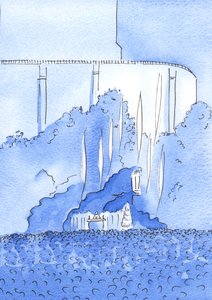 De Heilige Mis wordt gevierd bij de Grot in Lourdes. De engelen zweven boven de Grot door Elizabeth Wang