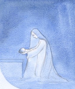 Hoe eenvoudig legde Maria, knielend, haar baby neer om te slapen, zonder zich zorgen te maken over haar eigen bevoorrechte rol