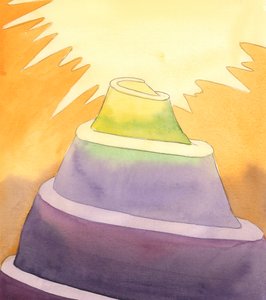 Als we volharden in vurige liefde voor God en onze naaste kunnen we de top van de berg van heiligheid bereiken en de hemel binnengaan zodra we sterven, 2005 (aquarel op papier)