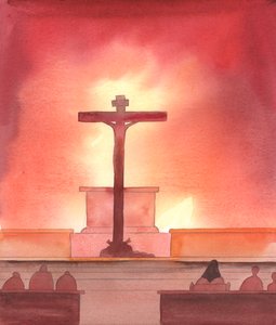 Het is een tragedie, in de ogen van Christus, dat veel katholieken wordt verteld dat de Mis gewoon een maaltijd is - zonder vermelding van het Offer dat Hij offerde op Golgotha, dat aanwezig is in ons heiligdom, 2005 (aquarel op papier) door Elizabeth Wang