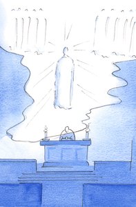 Het was alsof de vloer van de hemel zelf werd uitgebreid over het altaar, zodat Christus zowel in de hemel als op het altaar aanwezig was. door Elizabeth Wang