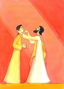 Jezus geneest de dove man, terwijl Hij zijn ogen naar de hemel heft in gebed door Elizabeth Wang