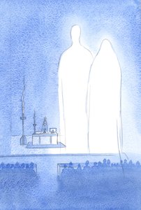 Onze Heilige Vrouwe is aanwezig bij onze Paasviering. Met de hele Hemel luistert ze naar de lofprijzing aan haar goddelijke zoon. door Elizabeth Wang