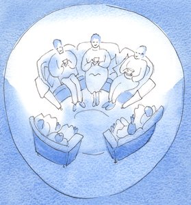 Gebed kan zijn als een bijeenkomst van leden van een gelukkige, verenigde familie die na een drukke dag samen in gezelschap stilte zitten door Elizabeth Wang