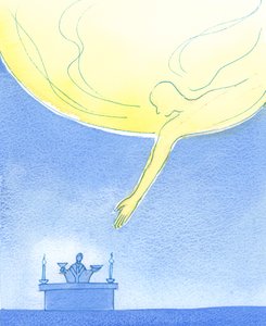 De Vader accepteert onze gaven van brood en wijn, alsof Hij vanuit de hemel leunt als een vriendelijke ouder die geschenken van een kind aanneemt door Elizabeth Wang