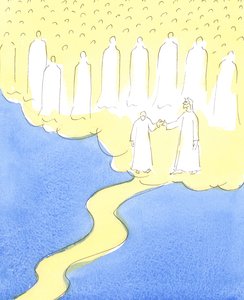 De gezegende ziel die tot het einde heeft volhard in de liefde voor Christus en haar naaste, wordt door Christus bij de hand genomen om de hemelse vrienden te ontmoeten die verzameld zijn om haar in hun gezelschap te verwelkomen