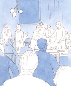 De gelukkige groep vrienden op het feest gaf vreugde aan God door hun gebed voor de maaltijd, hun trouw aan het huwelijk en aan vriendschap, hun liefde voor Gods gaven van lachen, eten, drinken en muziek door Elizabeth Wang