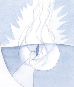 De ziel wiens wil in overeenstemming is met die van God, is opgevouwen in Gods liefde: geleid door Christus, gestuurd door de Geest, gaande naar de Vader; Drie Personen die Eén Vlam geven. door Elizabeth Wang