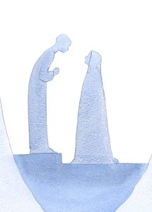 Toen het kind Jezus in de Tempel werd gevonden, leunde Hij naar voren en legde stilletjes uit aan Zijn Heilige Moeder (met oneindige vriendelijkheid) dat Zijn werk al begonnen was. door Elizabeth Wang