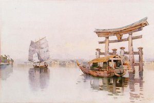 Torii-poort bij de ingang van het Itsukushima-heiligdom, Miyijima, Japan