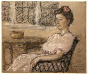 Zittende vrouw in roze
