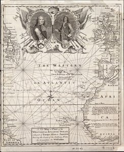 Een nieuwe kaart van de westelijke of Atlantische oceaan met een deel van Europa, Afrika en Amerika: de route van de galeien van en naar West-Indië