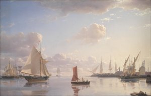 Uitzicht vanaf Langelinie richting de Koninklijke marinewerven in Nyholm, Kopenhagen. Ochtendlicht