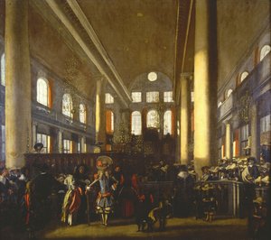 Interieur van de Portugese Synagoge in Amsterdam door Emanuel de Witte