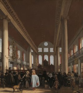 Interieur van de Portugese synagoge in Amsterdam door Emanuel de Witte