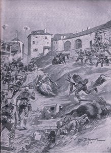 Het Aschaffenbergse 2e Beierse Jagersbataljon bij Lagarde augustus 1914, uit De Geïllustreerde Geschiedenis van de Wereldoorlog 1914-1915 uitgegeven door Union Berlagsefellfchaft