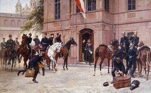 Kroonprins Ludwig IV van Hessen-Darmstadt neemt afscheid van Cornelius Heyl, voor Schlosschen, Worms, voordat hij vertrekt naar de Slag bij Sedan in 1870 door Emil Huenten