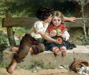 Jongen kust meisje en geeft haar appels, volgens E. Munier door Émile (after) Munier