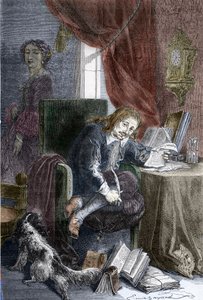 Portret van de Franse schrijver Paul Scarron, auteur van burleske komedies, afgebeeld op een invalidenstoel, zijn vrouw Francoise d