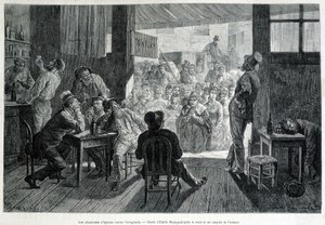 Een groep vrouwen voor een bar, verboden voor vrouwen, zingen hymnes tegen dronkenschap door Emile Antoine Bayard