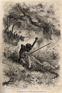 Een luipaard springt op een man en bijt hem wreed in zijn rug, in de buurt van Bambare (Congo), gravure naar een tekening van Emile Bayard, ter illustratie van David Livingstone