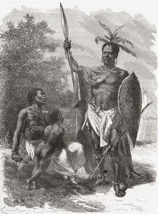 Een inboorling van Ougogo, Centraal-Afrika, in oorlogskleding, illustratie uit 