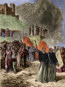 Kruistocht tegen de Albigenzen - De laatste verdedigers van Montsegur (Kathaar) verbrand op de brandstapel in 1244 - Gravure door Emile Bayard naar G. Burgun door Emile Antoine Bayard