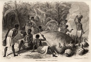 Proeverij van de pombe (alcoholische drank door fermentatie), in de Karague (westen van het Victoriameer, in het huidige Zimbabwe), tekening door Emile Bayard, ter illustratie van de ontdekkingsreis van kapitein Speke in Afrika van 1860 tot 1863. Gravure i