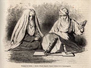 Vrouwen van Boukhara (Oezbekistan), aan het werk met spinnen, gravure naar een tekening van Emile Bayard, ter illustratie van Basile Vereschaguine