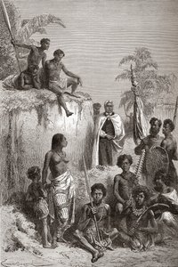 Hawaïaanse koning Kamehameha I en zijn krijgers, illustratie uit 