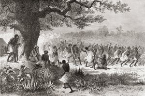 Henry Morton Stanley kijkt naar de Vouagogos-stam die zich voorbereidt op de strijd tijdens zijn expeditie in 1871, illustratie uit 