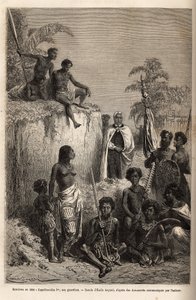 Kamehameha I (ca. 1758-1819), koning van de Hawaiiaanse eilanden en stichter van hun eenheid, omringd door Hawaiiaanse krijgers en enkele onderdanen in Honolulu, gravure naar de tekening van Emile Bayard, ter illustratie van de reis naar de Sandwich-eiland door Emile Antoine Bayard