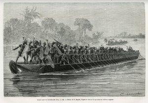 Grote kano van de Arouhouimi, geladen met 40 staande roeiers en twintig krijgers in wapens, op de Livingstone Rivier (Congo), tekening door Emile Bayard, ter illustratie van het verhaal 