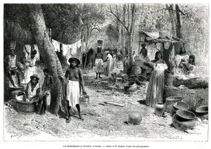 De wasvrouwen in Chorillo, Panama, gravure naar een tekening door E.Bayard, ter illustratie van het verhaal Exploratie op de isthmus van Panama en Darien, door A. Reclus, luitenant van het schip, van 1876 tot 1878, gepubliceerd in Le tour du monde, onder l door Emile Antoine Bayard