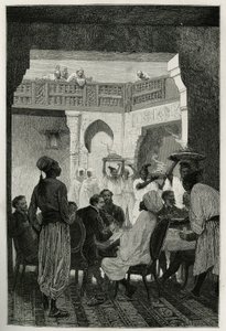 Lunch bij de minister van oorlog, hoofddeksel van een tulband, tegenover de auteur van het verhaal, aankomend door de hof, een rij bedienden die de gerechten van de maaltijd dragen, gravure door Emile Bayard, ter illustratie van het verhaal van Marokko doo door Emile Antoine Bayard