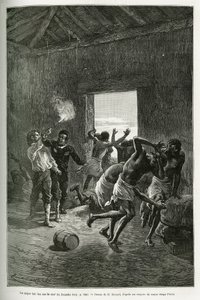Majoor Serpa Pinto schoot op de dorpschef of werd gestopt omdat hij nog meer brandewijn eiste in ruil voor zijn gastvrijheid. Gravure door Emile Bayard, ter illustratie van het verhaal hoe ik Afrika heb doorkruist, van de Atlantische Oceaan tot de Indische door Emile Antoine Bayard