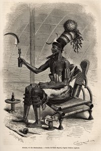 Mounza, koning van de Mombuttous (stam van Soedan), hoofdtooi van een knot bedekt met een cilindrische topkap versierd met papegaaiveertjes, een halvemaanvormige koperen plaat bevestigd aan het voorhoofd, om de nek een kraag van koperen latten en op zijn a door Emile Antoine Bayard