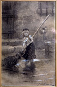 Representatie van Cosette, blootsvoets vegen. Illustratie voor Les Miserables door Victor Hugo (1802-1885) door Emile Bayard (1837-1891) 19e eeuw. Parijs, Maison Victor Hugo