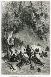 Sir Henri Morton Stanley (1841-1904) te midden van de baders van de Karagoue-regio (Kameroen), die in het hete en geneeskrachtige waterbassin van de Mtagata-kloof duiken, tekening door Emile Bayard, ter illustratie van het verhaal "Door het mysterieuze con door Emile Antoine Bayard