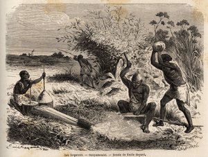 De smeden, in de ounyamouezi (Grote Meren regio, Afrika), tekening door Emile Bayard (1837-1891), ter illustratie van de ontdekkingsreis in Afrika, van 1860 tot 1863 van kapitein Speke. Gravure in "Le tour du monde", uitgegeven door Edouard Charton