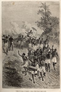 De stoet van de vrouw van Cassemmbe passeert voor Livingstone die haar groet, gegraveerd naar een tekening van Emile Bayard, ter illustratie van David Livingstone