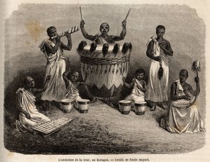 Het hoforkest, in de Karague (ten westen van het Victoriameer, het huidige Zimbabwe), tekening door Emile Bayard (1837-1891), illustratie van Kapitein Speke
