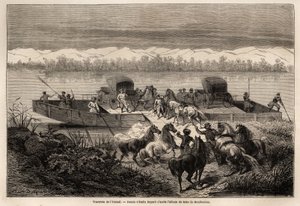 De oversteek van de Yenissei-rivier (Rusland), tekening door Emile Bayard (1837-1891) ter illustratie van de reis van Shanghai naar Moskou, van 1859 tot 1862, van M. de Bourboulon, Minister van Frankrijk in China. Gravure in 