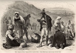 De boeren in de omgeving van Pisino (Kroatië), verzamelen zich voor de verkoop van hun landbouwproducten op de markt: gevogelte, biggetjes..., gravure naar een tekening van Emile Bayard ter illustratie van de reis in Istrië en Dalmatië, in 1874, door Charl door Emile Antoine Bayard