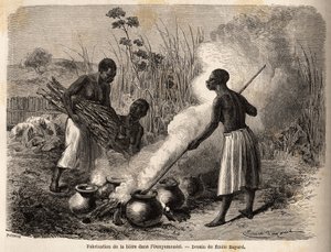 De productie van bier, in de ounyamouezi (Grote Meren regio, Afrika), tekening door Emile Bayard (1837-1891), ter illustratie van de ontdekkingsreis in Afrika, van 1860 tot 1863 van kapitein Speke. Gravure in "Le tour du monde", uitgegeven door Edouard Cha