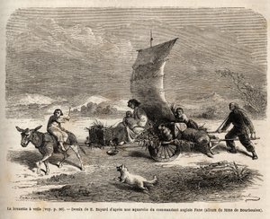 De zeilkruiwagen, vervoerssysteem gebruikt in Noord-China, tekening door E.Bayard, ter illustratie van de reis van Shanghai naar Moskou