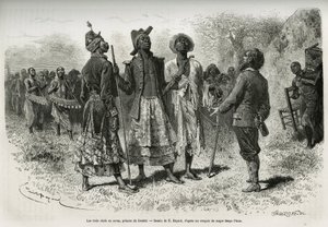 De drie conducteurs (of sovas), prinsen van Dombe (Angola), en hun suite van muzikanten en hovelingen, komen de ontdekkingsreiziger S.Pinto ontmoeten. Gravure door Emile Bayard, ter illustratie van het verhaal hoe ik Afrika heb doorkruist, van de Atlantisc door Emile Antoine Bayard
